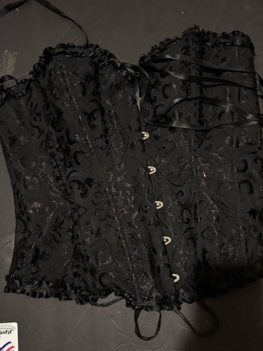 Black Lace-Up Ruffled satin brocade corset top